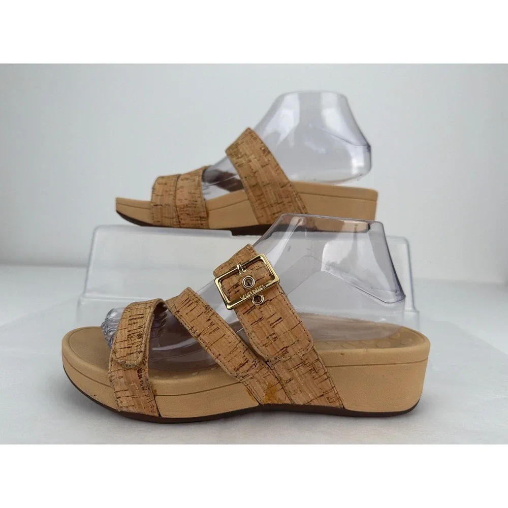 Vionic Rio Platform Sandals Women 8 Tan Cork Gold Buckle Orthotic Comfort Boho